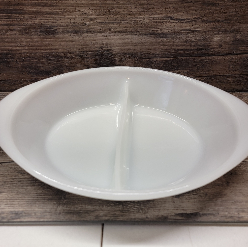 Glasbake Divided Baking Dish Casserole Milk White Vintage Bakeware Kitchen Home